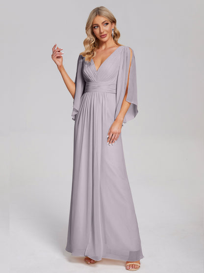 Fatima V-neck Ruffles Long Chiffon Bridesmaid Dress with Slit