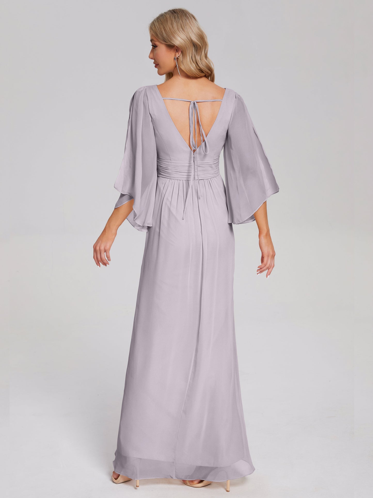 Fatima V-neck Ruffles Long Chiffon Bridesmaid Dress with Slit