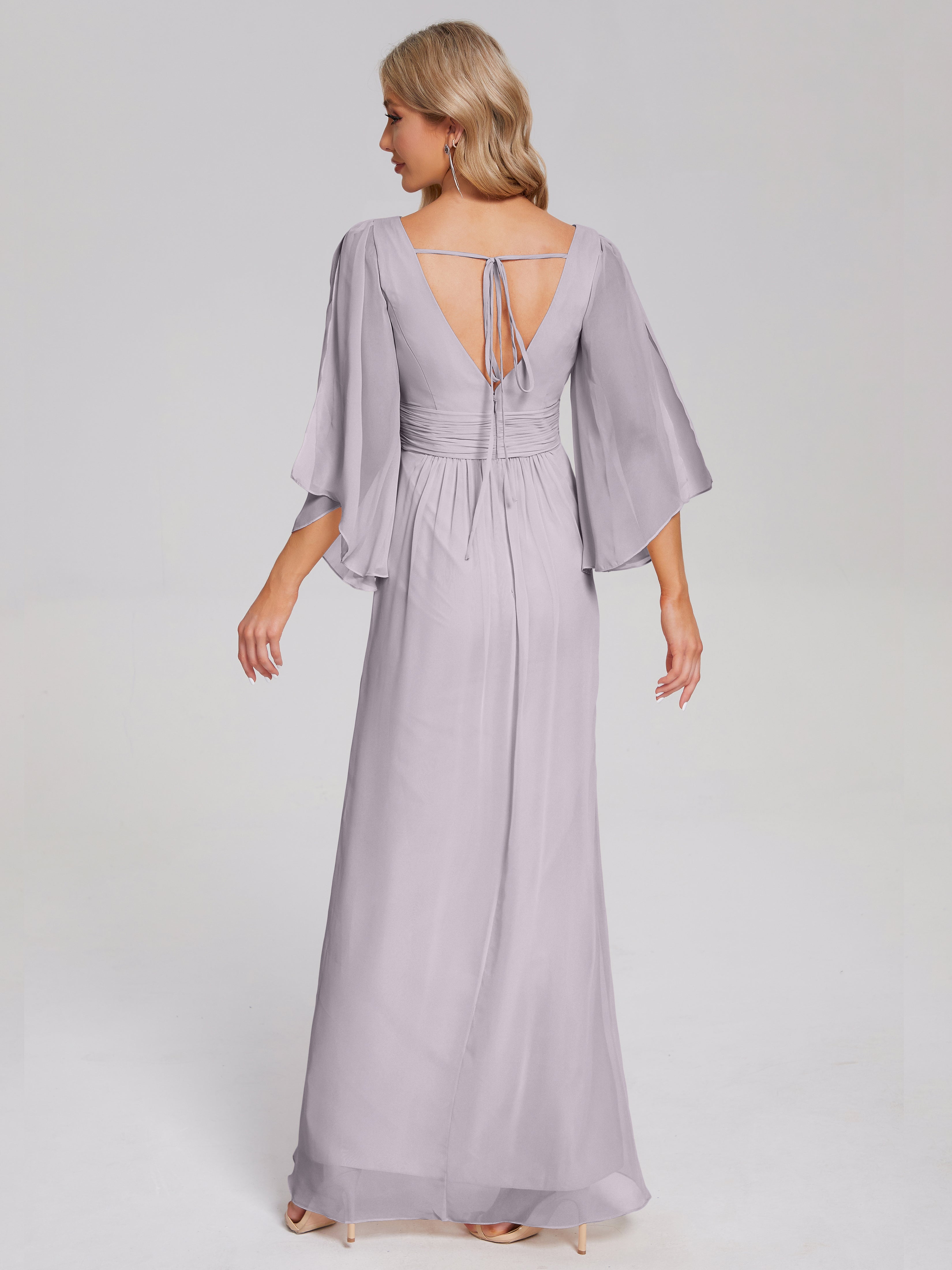 Fatima V-neck Ruffles Long Chiffon Bridesmaid Dress with Slit