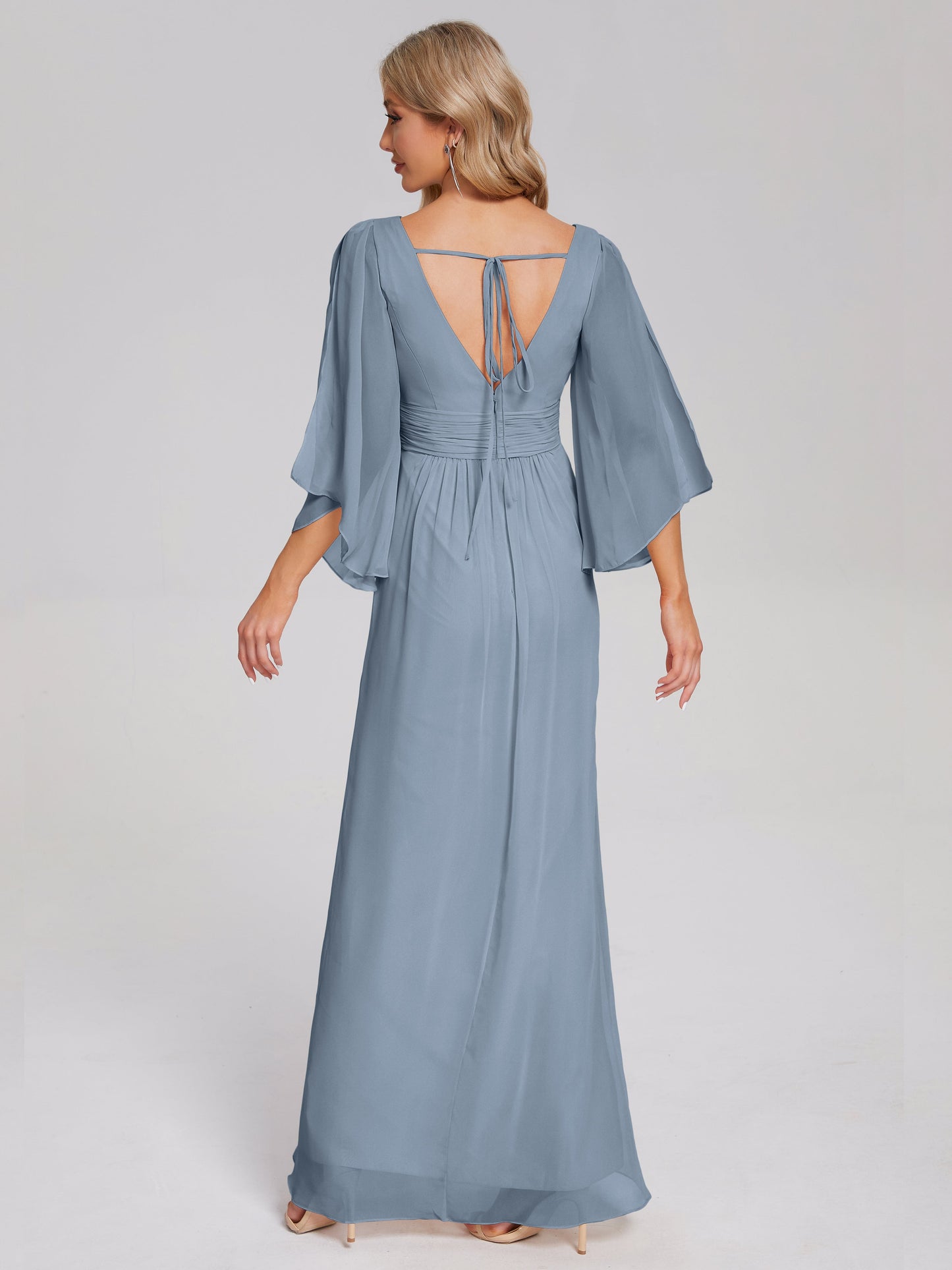Fatima V-neck Ruffles Long Chiffon Bridesmaid Dress with Slit