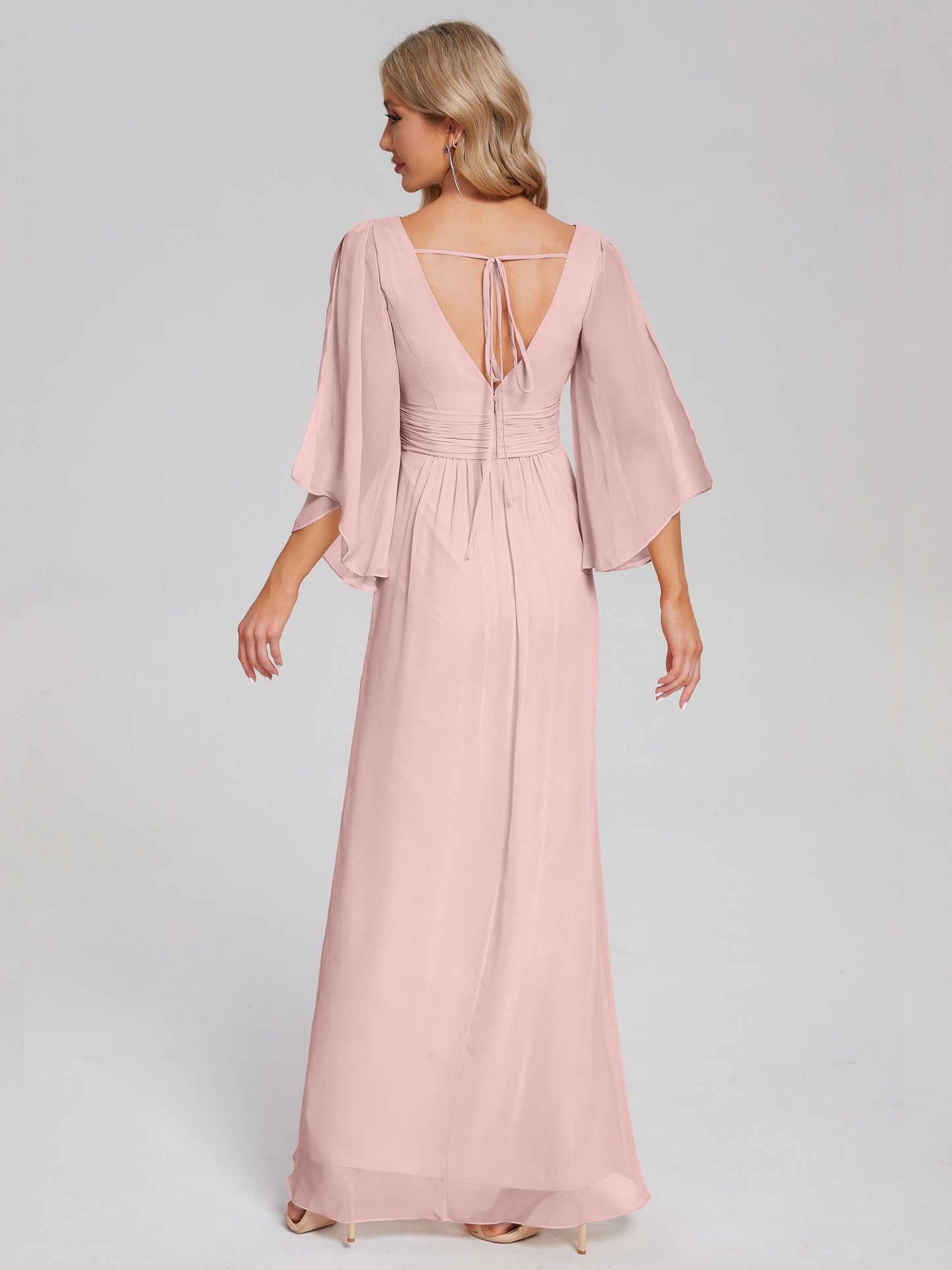 Fatima V-neck Ruffles Long Chiffon Bridesmaid Dress with Slit