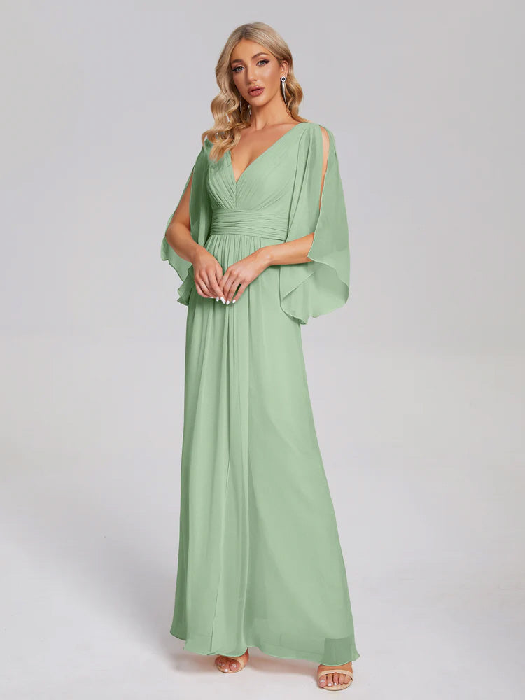 Fatima V-neck Ruffles Long Chiffon Bridesmaid Dress with Slit
