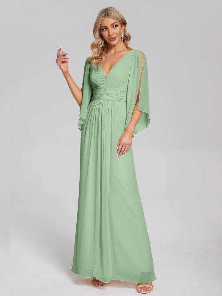 Fatima V-neck Ruffles Long Chiffon Bridesmaid Dress with Slit