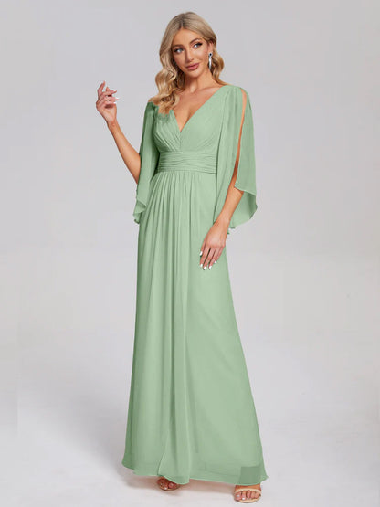 Fatima V-neck Ruffles Long Chiffon Bridesmaid Dress with Slit