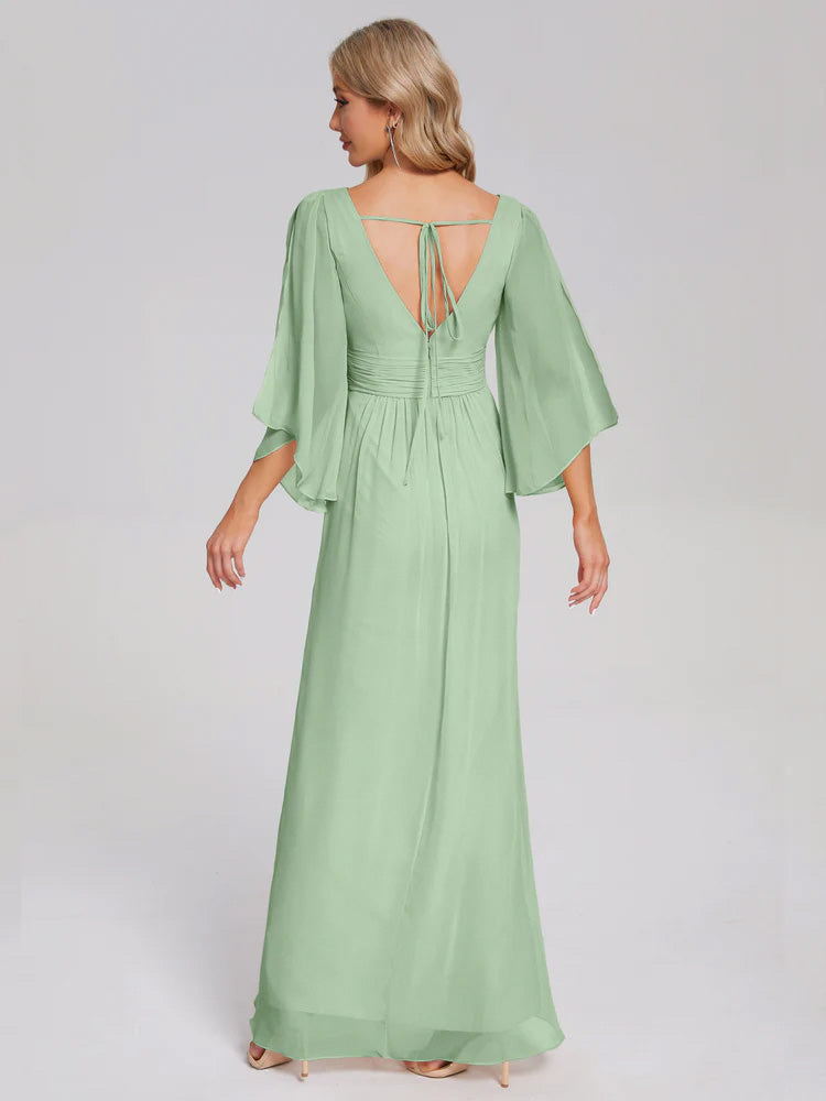 Fatima V-neck Ruffles Long Chiffon Bridesmaid Dress with Slit