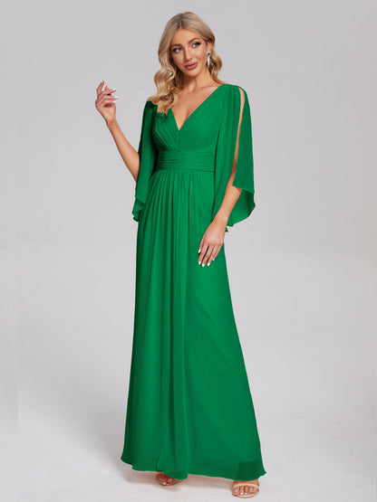 Fatima V-neck Ruffles Long Chiffon Bridesmaid Dress with Slit