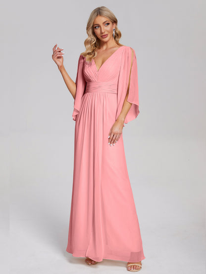 Fatima V-neck Ruffles Long Chiffon Bridesmaid Dress with Slit