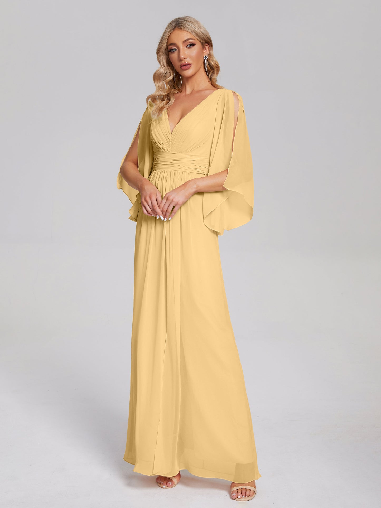 Fatima V-neck Ruffles Long Chiffon Bridesmaid Dress with Slit