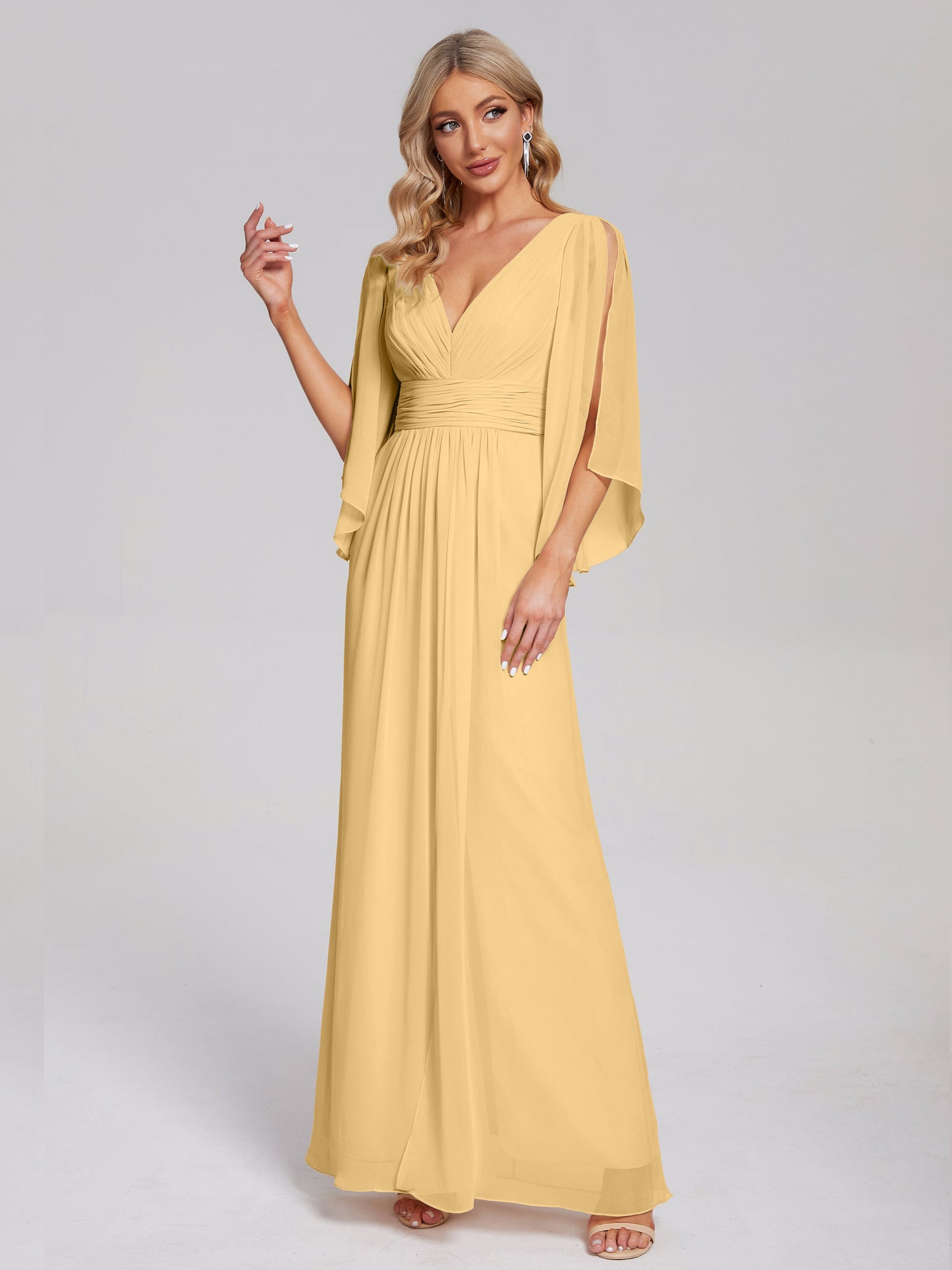 Fatima V-neck Ruffles Long Chiffon Bridesmaid Dress with Slit