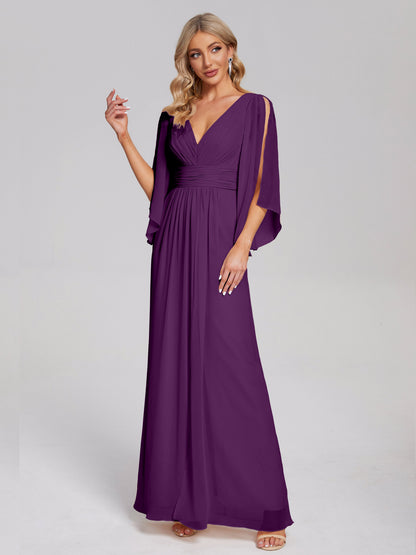 Fatima V-neck Ruffles Long Chiffon Bridesmaid Dress with Slit
