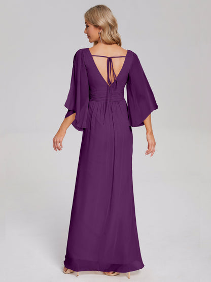 Fatima V-neck Ruffles Long Chiffon Bridesmaid Dress with Slit