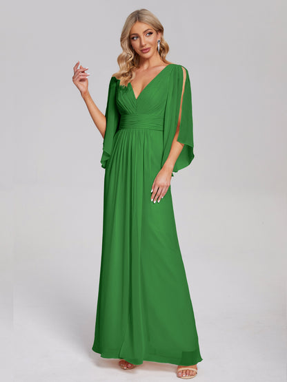 Fatima V-neck Ruffles Long Chiffon Bridesmaid Dress with Slit