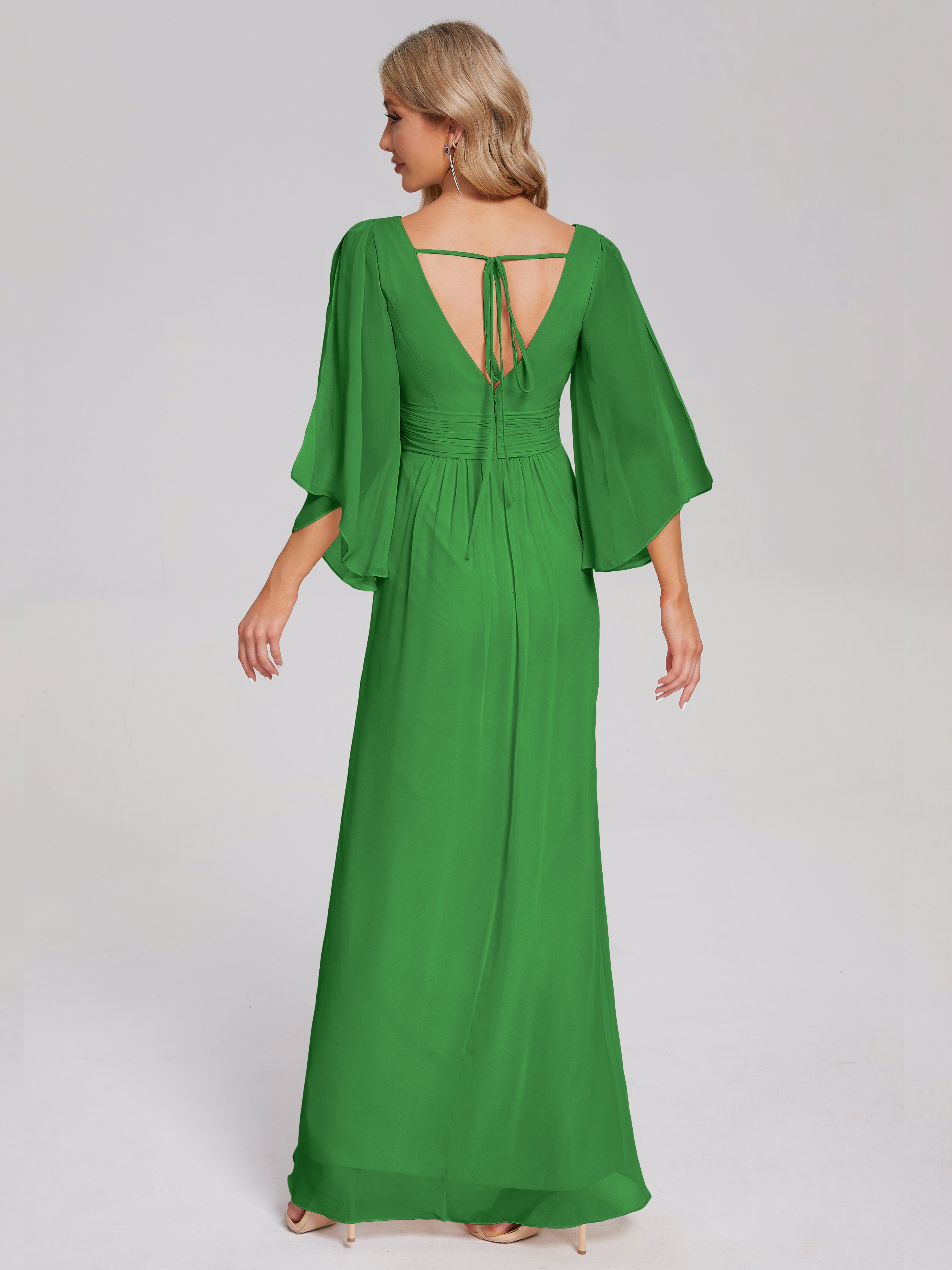 Fatima V-neck Ruffles Long Chiffon Bridesmaid Dress with Slit