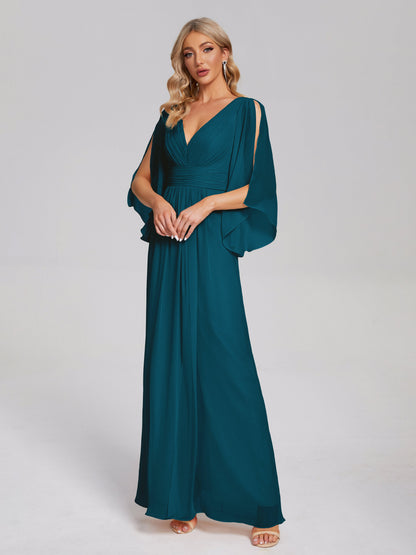Fatima V-neck Ruffles Long Chiffon Bridesmaid Dress with Slit