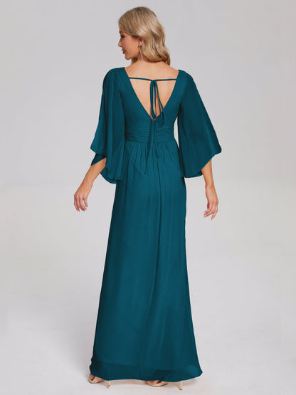 Fatima V-neck Ruffles Long Chiffon Bridesmaid Dress with Slit