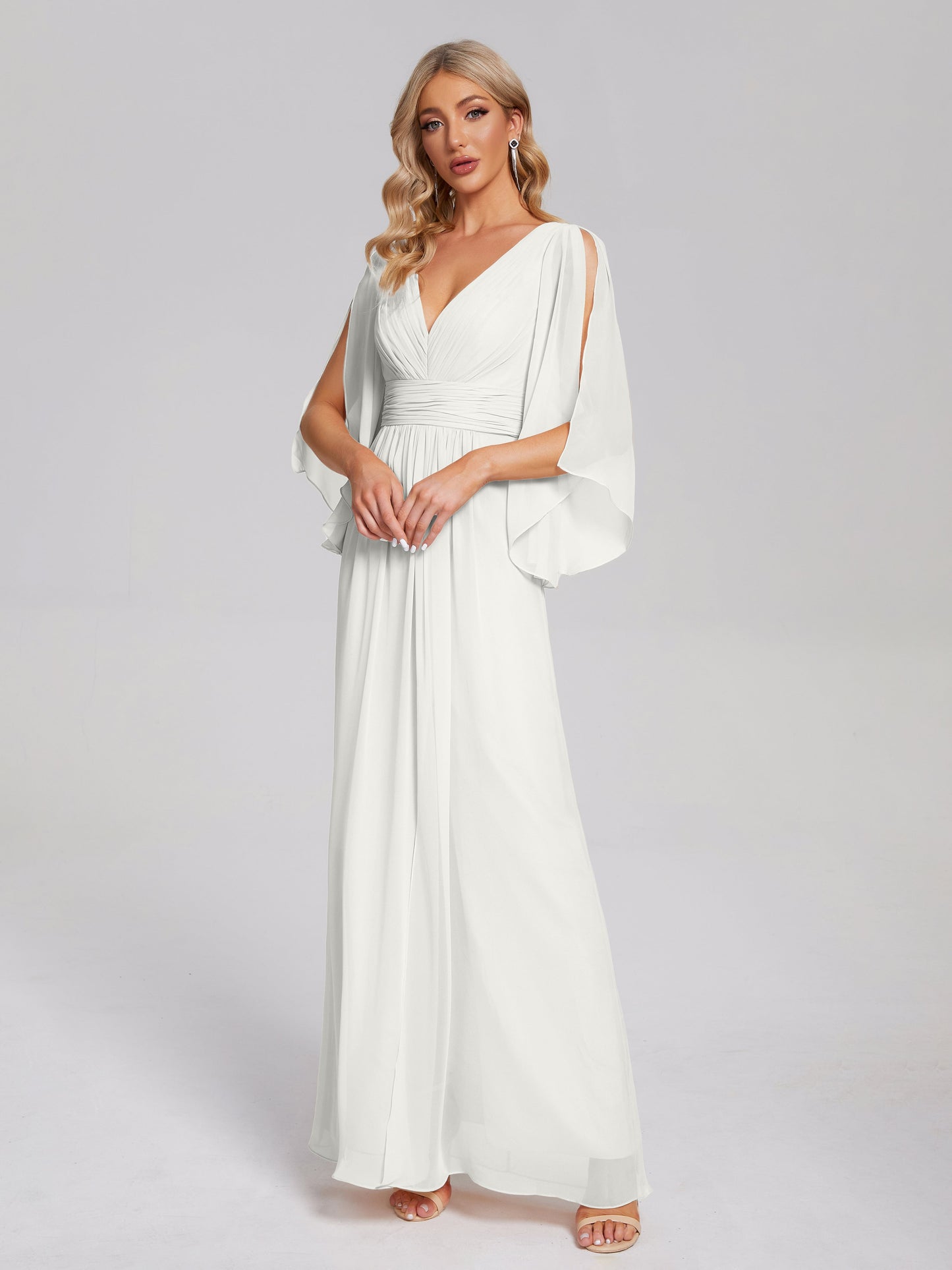 Fatima V-neck Ruffles Long Chiffon Bridesmaid Dress with Slit