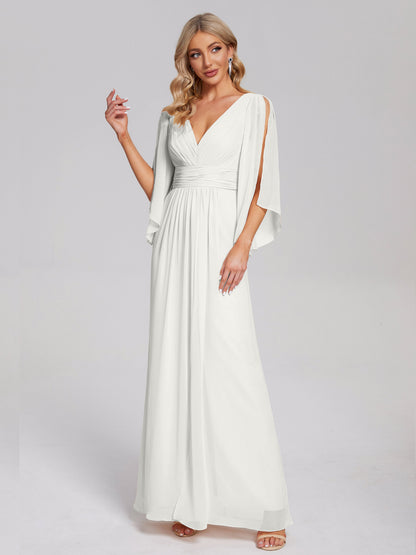 Fatima V-neck Ruffles Long Chiffon Bridesmaid Dress with Slit