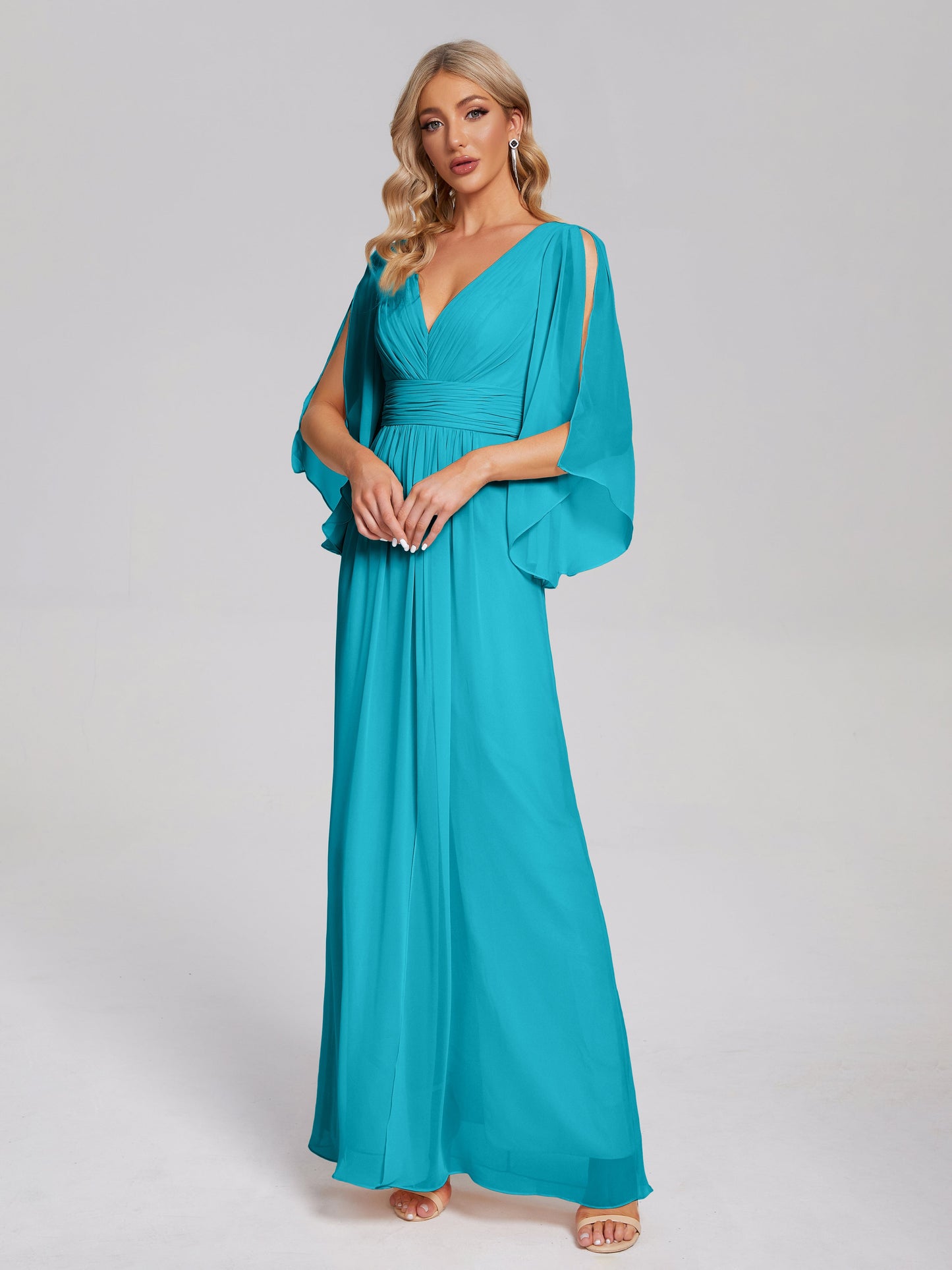 Fatima V-neck Ruffles Long Chiffon Bridesmaid Dress with Slit