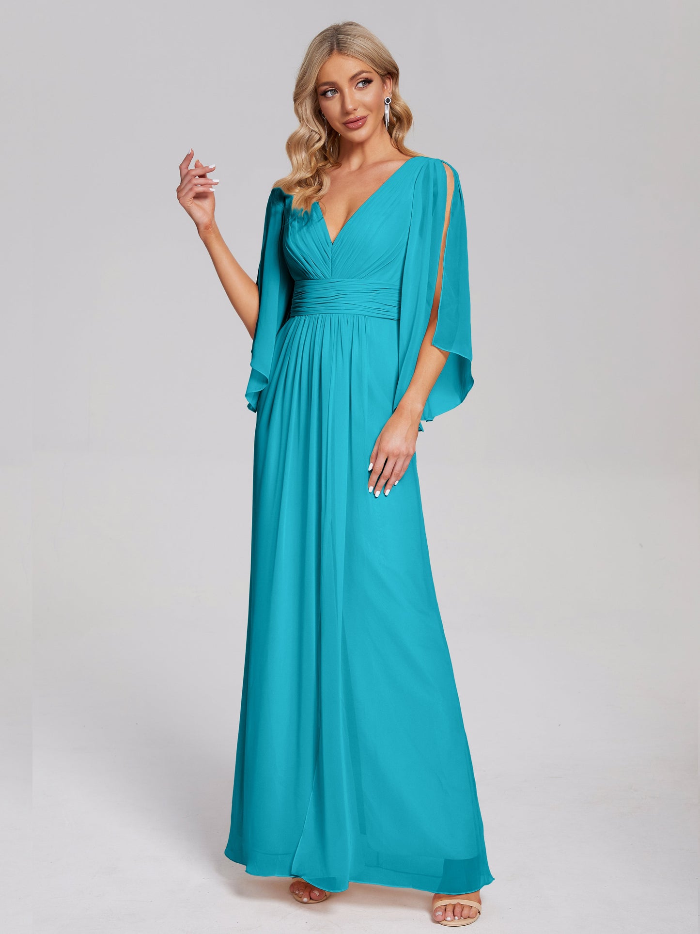 Fatima V-neck Ruffles Long Chiffon Bridesmaid Dress with Slit
