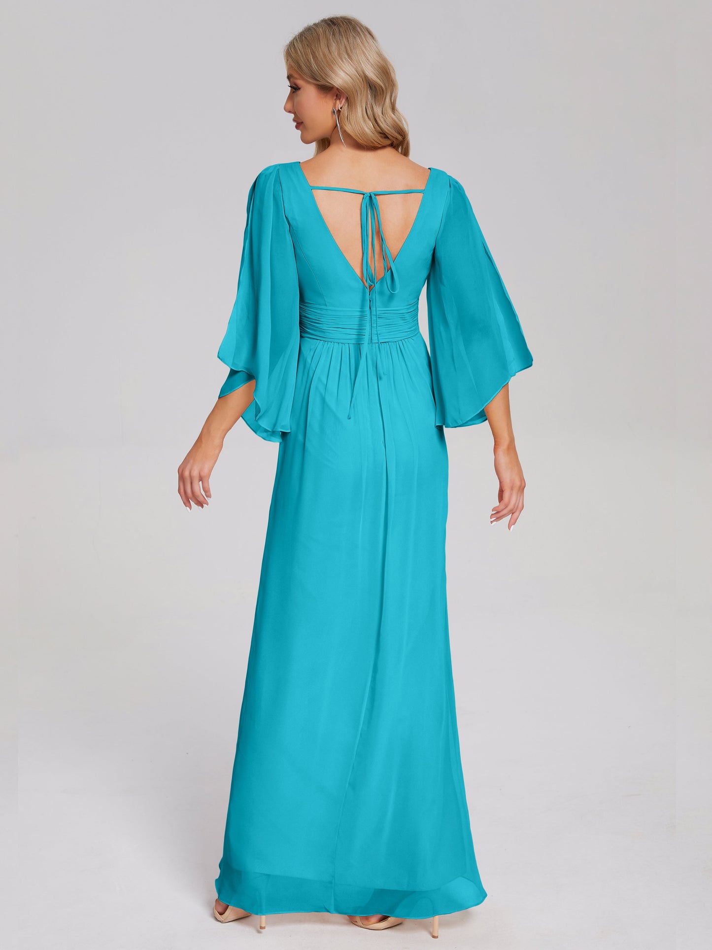 Fatima V-neck Ruffles Long Chiffon Bridesmaid Dress with Slit