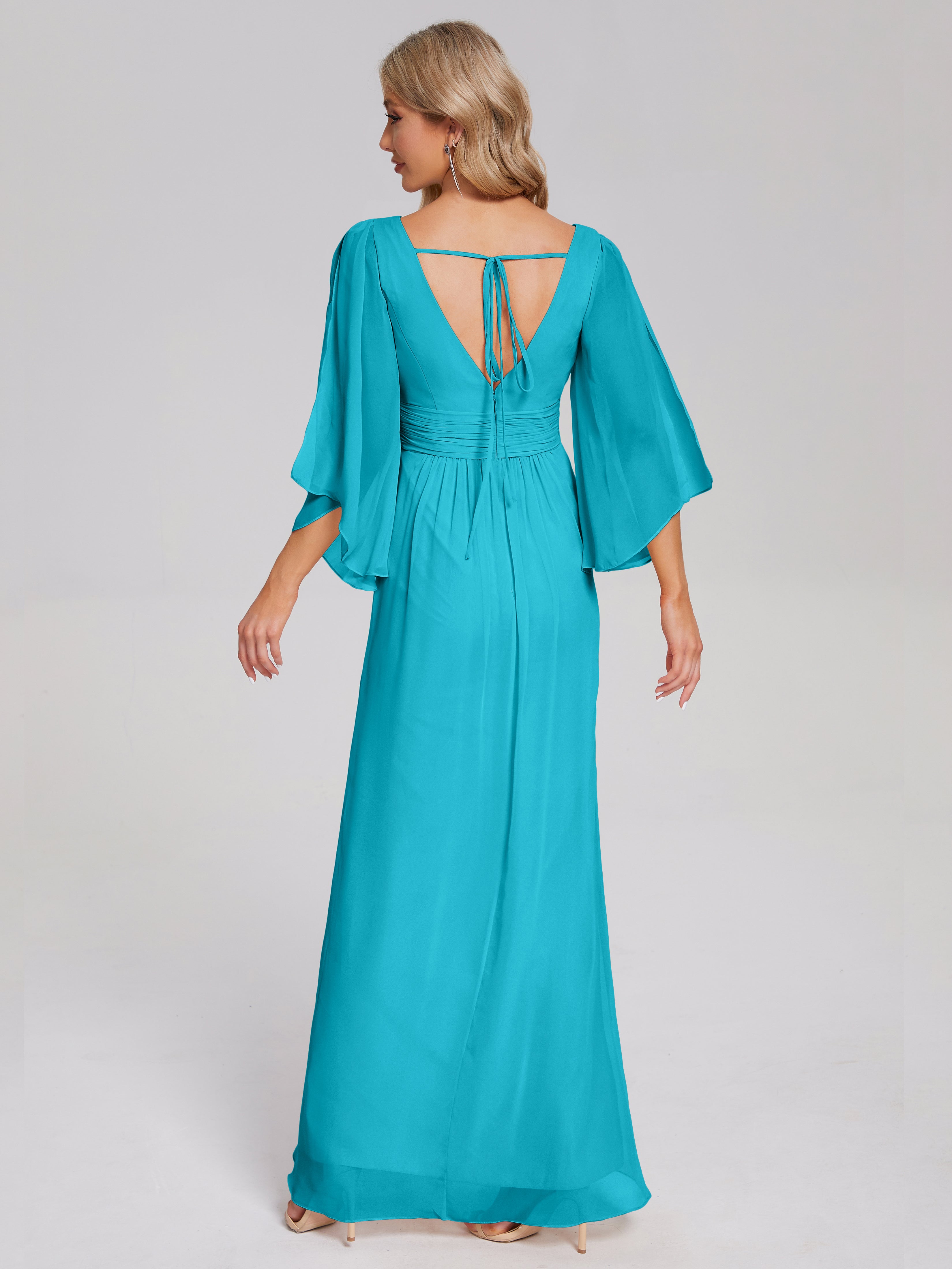 Fatima V-neck Ruffles Long Chiffon Bridesmaid Dress with Slit
