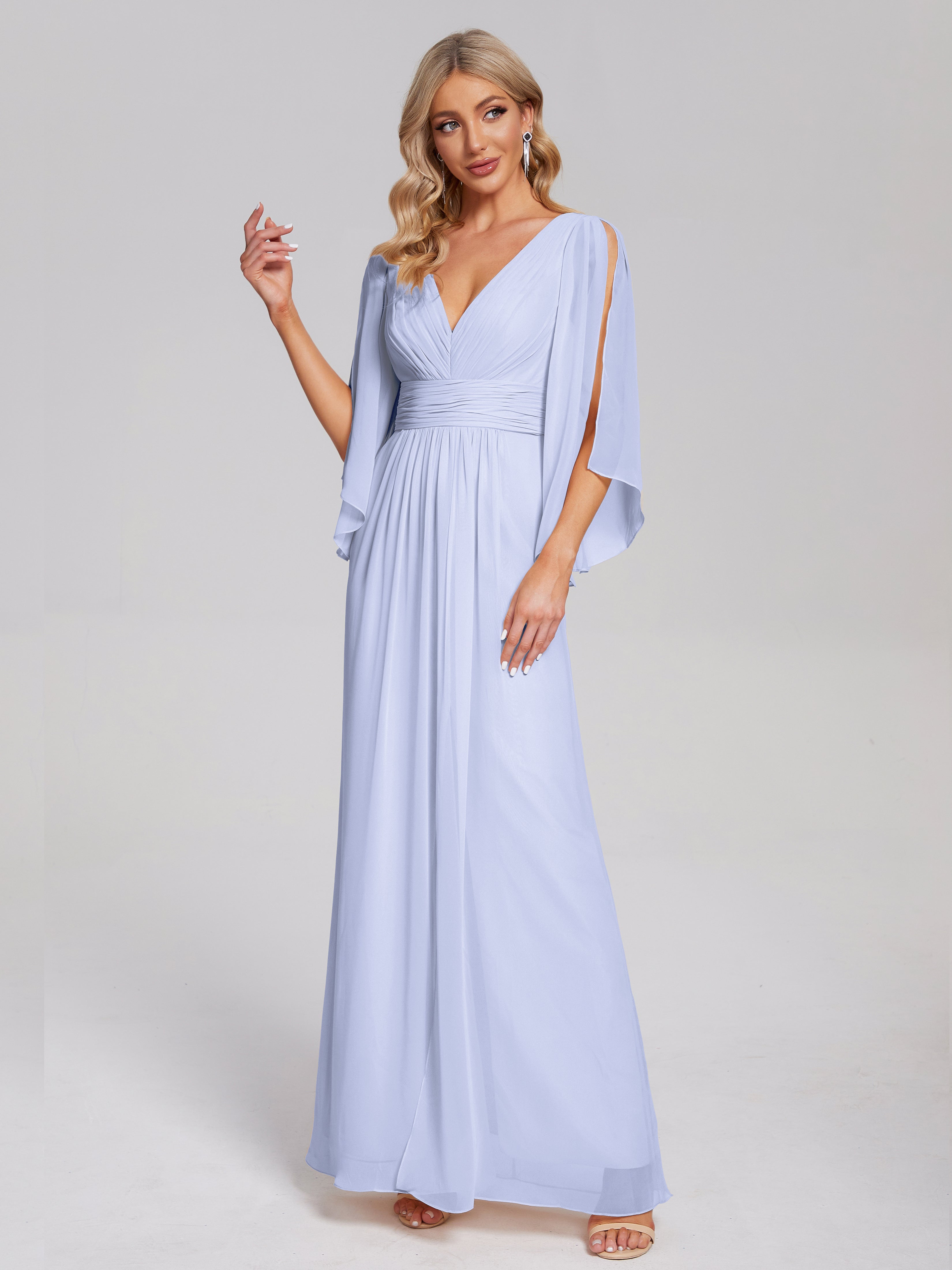 Fatima V-neck Ruffles Long Chiffon Bridesmaid Dress with Slit