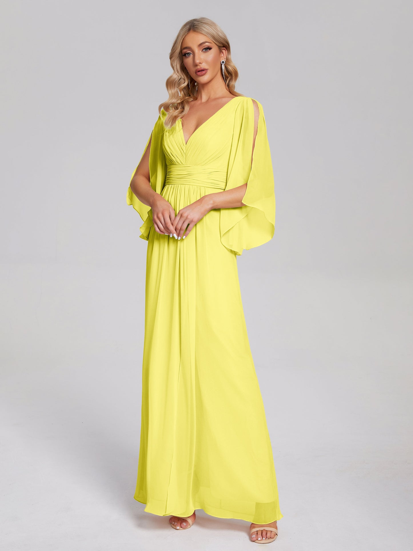 Fatima V-neck Ruffles Long Chiffon Bridesmaid Dress with Slit