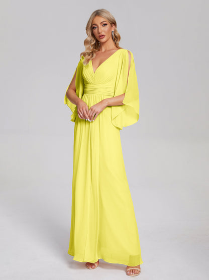 Fatima V-neck Ruffles Long Chiffon Bridesmaid Dress with Slit