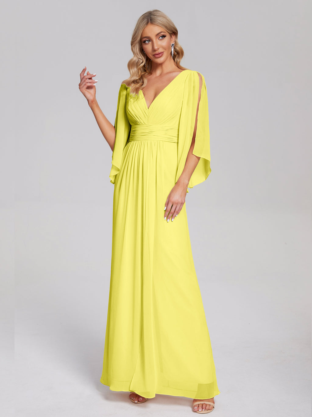 Fatima V-neck Ruffles Long Chiffon Bridesmaid Dress with Slit