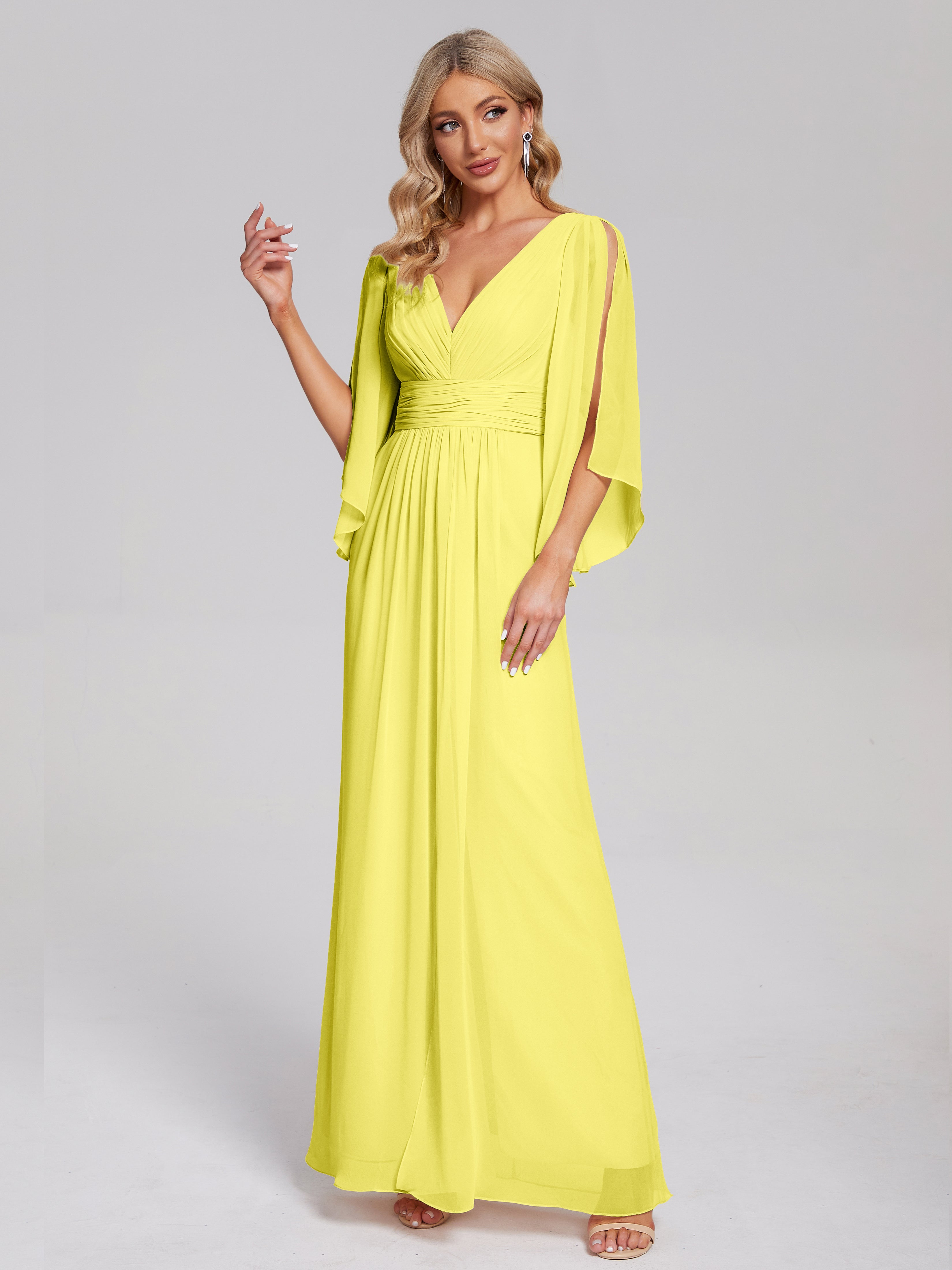 Fatima V-neck Ruffles Long Chiffon Bridesmaid Dress with Slit