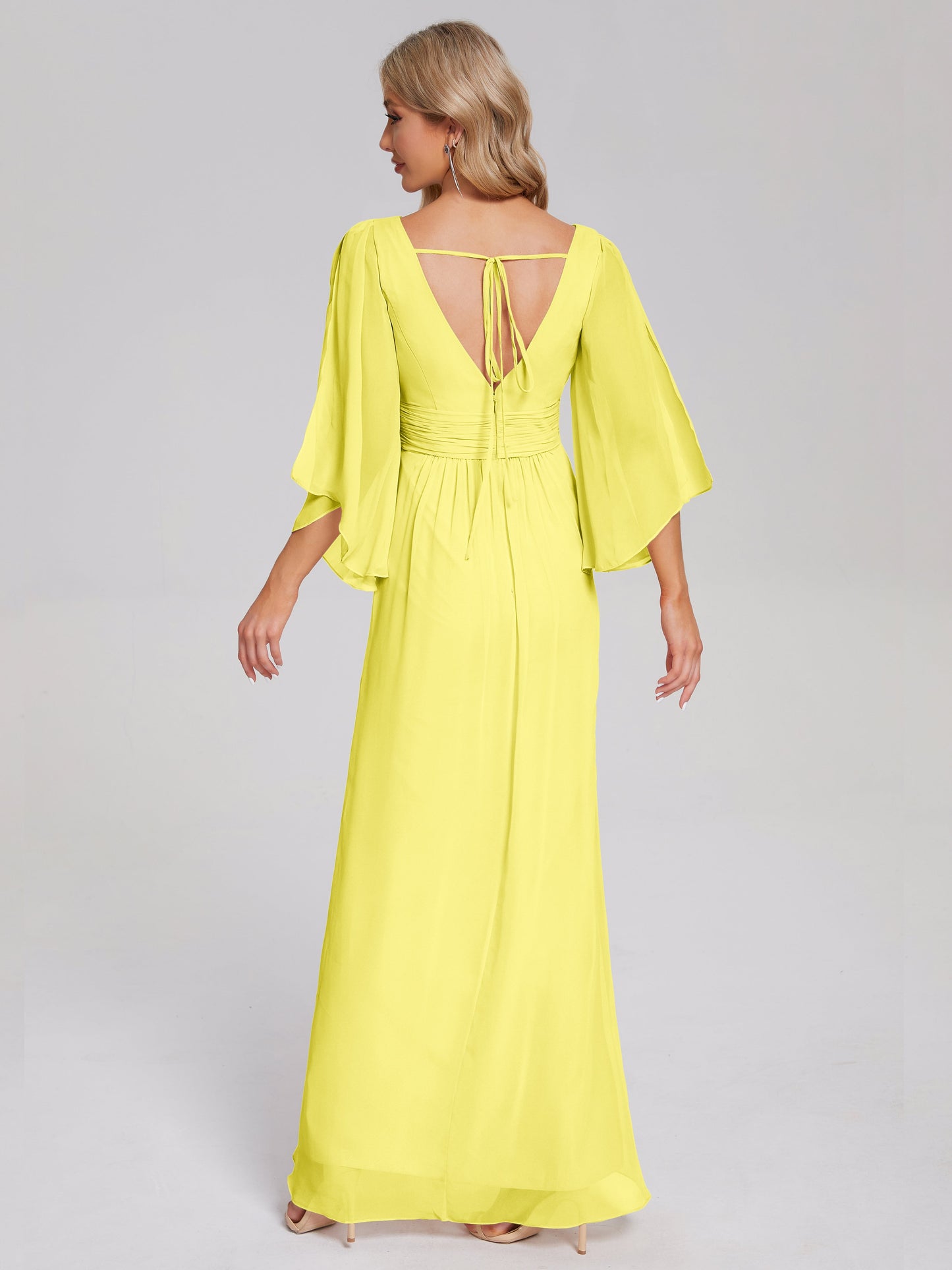 Fatima V-neck Ruffles Long Chiffon Bridesmaid Dress with Slit