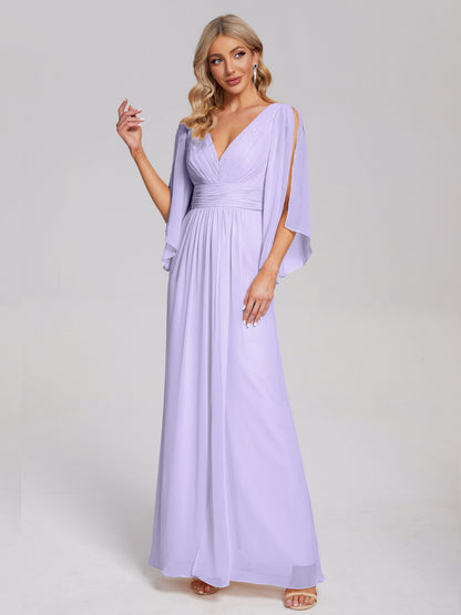 Fatima V-neck Ruffles Long Chiffon Bridesmaid Dress with Slit