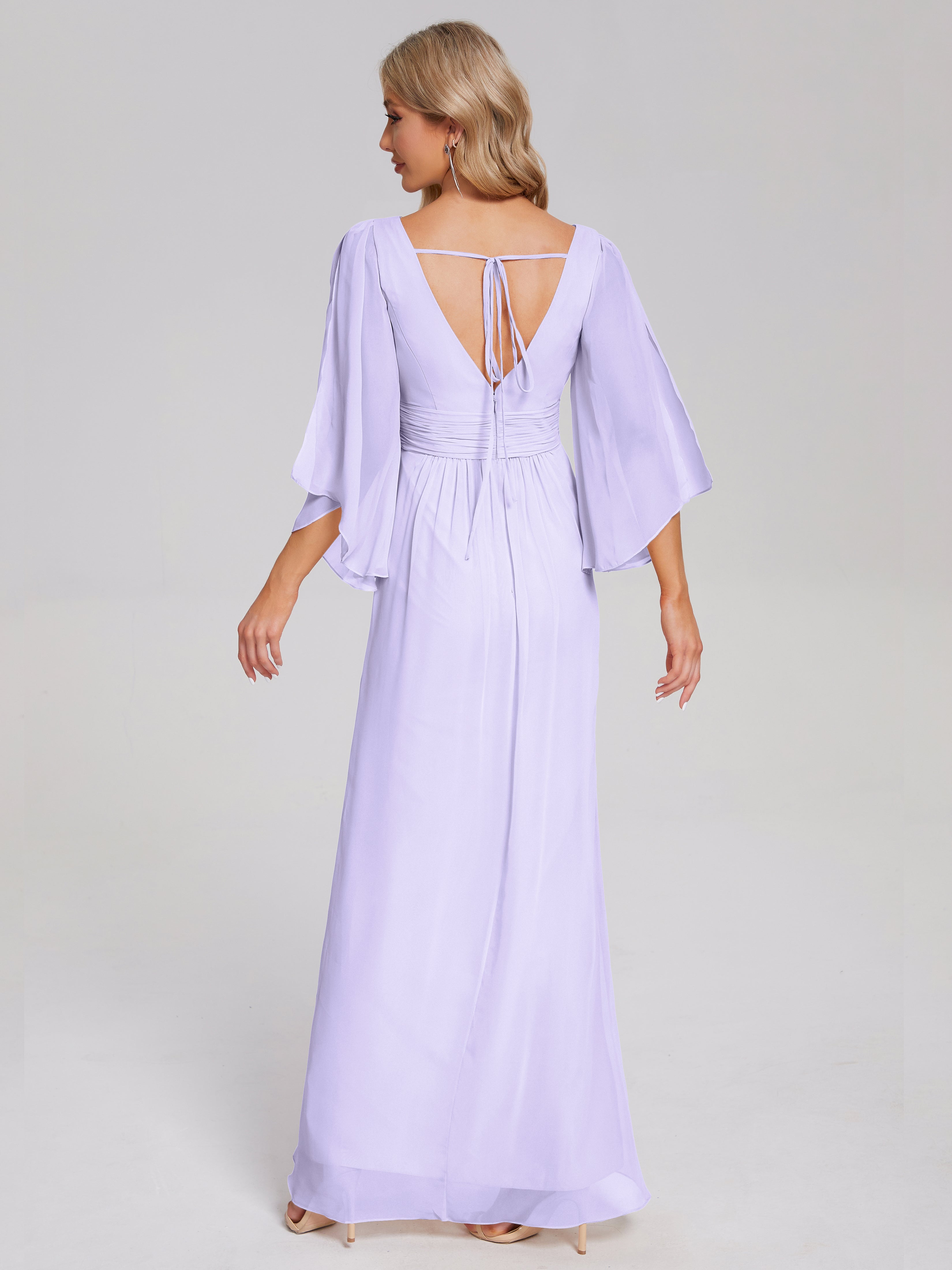Fatima V-neck Ruffles Long Chiffon Bridesmaid Dress with Slit