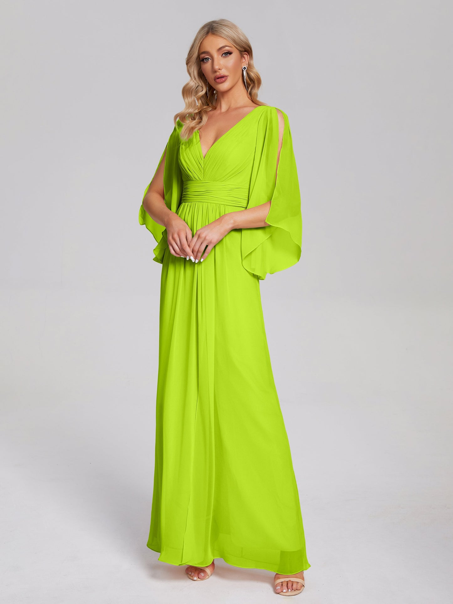 Fatima V-neck Ruffles Long Chiffon Bridesmaid Dress with Slit