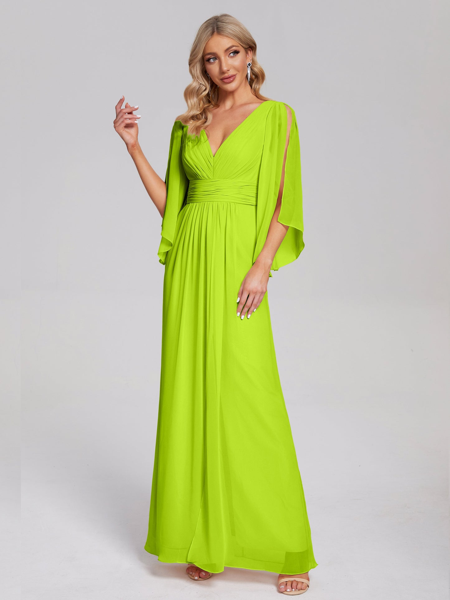 Fatima V-neck Ruffles Long Chiffon Bridesmaid Dress with Slit