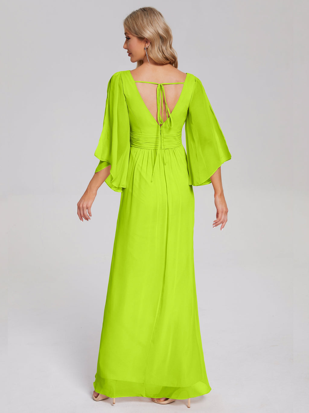 Fatima V-neck Ruffles Long Chiffon Bridesmaid Dress with Slit