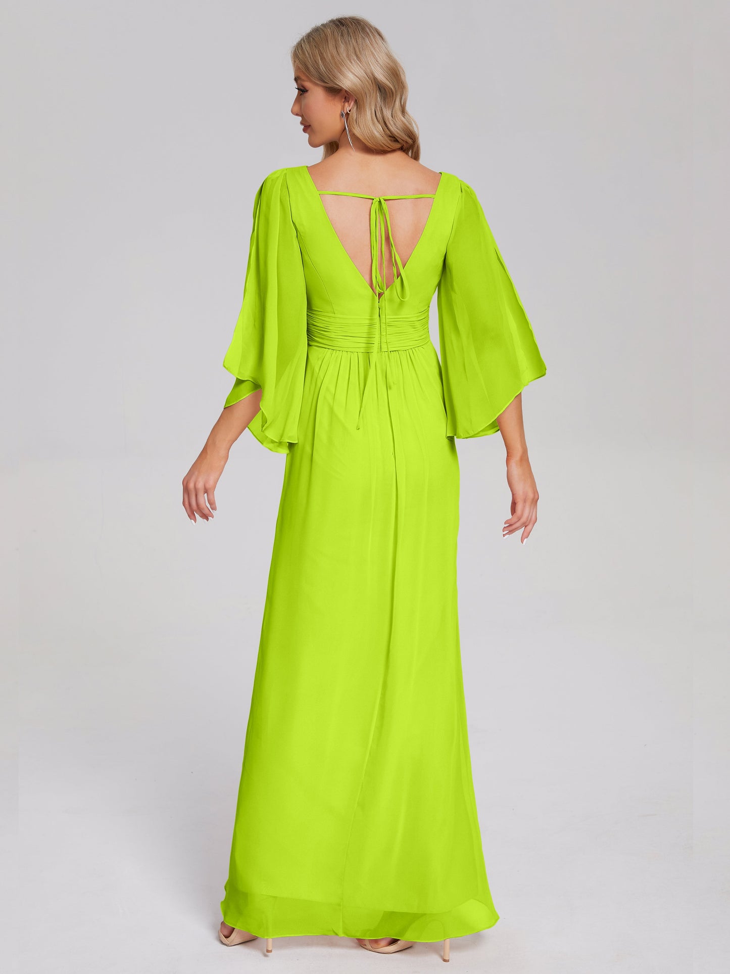 Fatima V-neck Ruffles Long Chiffon Bridesmaid Dress with Slit