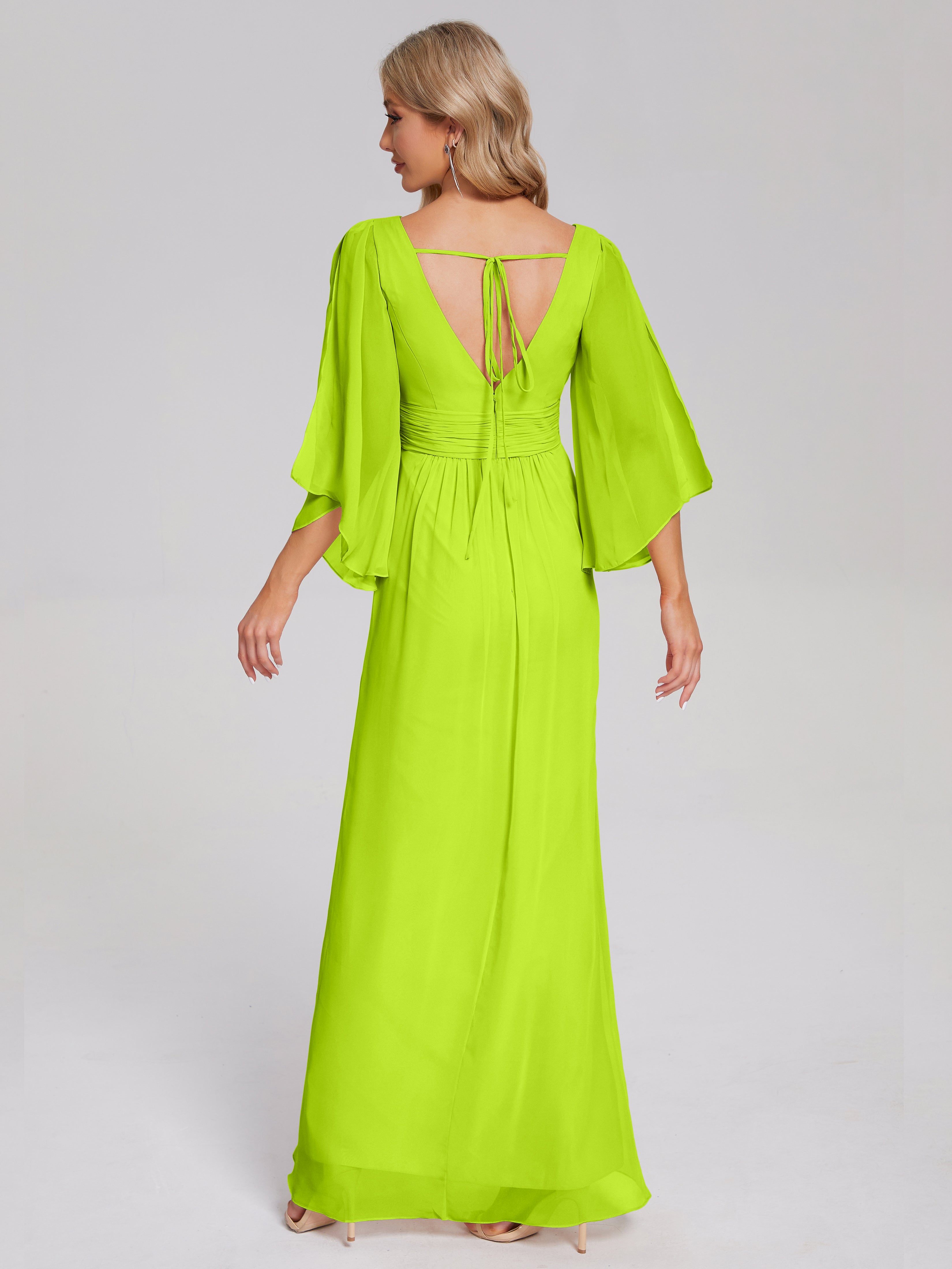 Fatima V-neck Ruffles Long Chiffon Bridesmaid Dress with Slit