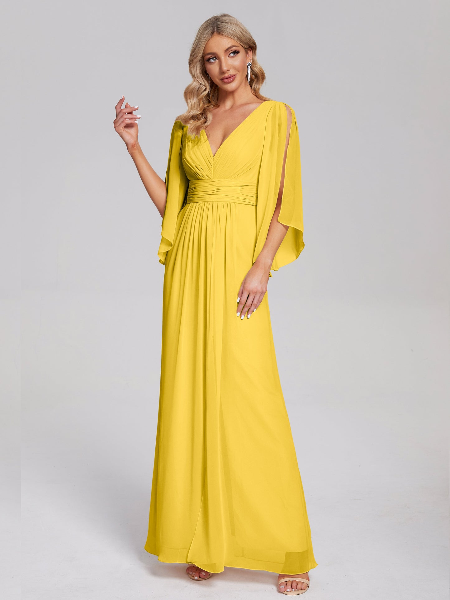 Fatima V-neck Ruffles Long Chiffon Bridesmaid Dress with Slit