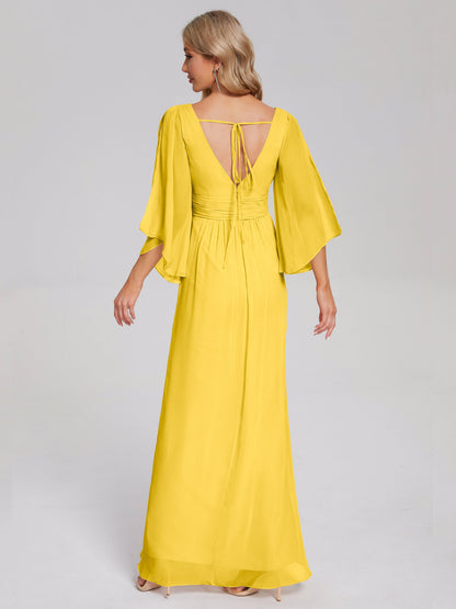 Fatima V-neck Ruffles Long Chiffon Bridesmaid Dress with Slit
