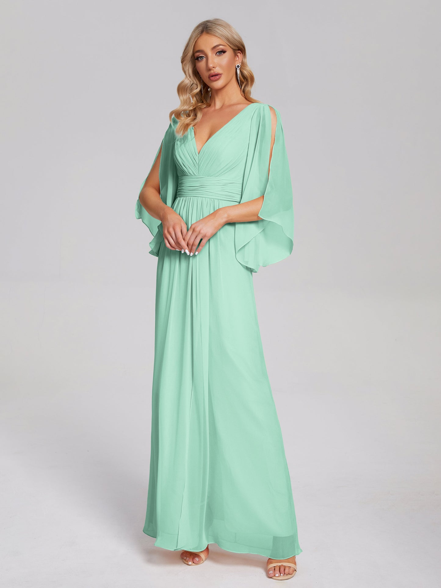 Fatima V-neck Ruffles Long Chiffon Bridesmaid Dress with Slit