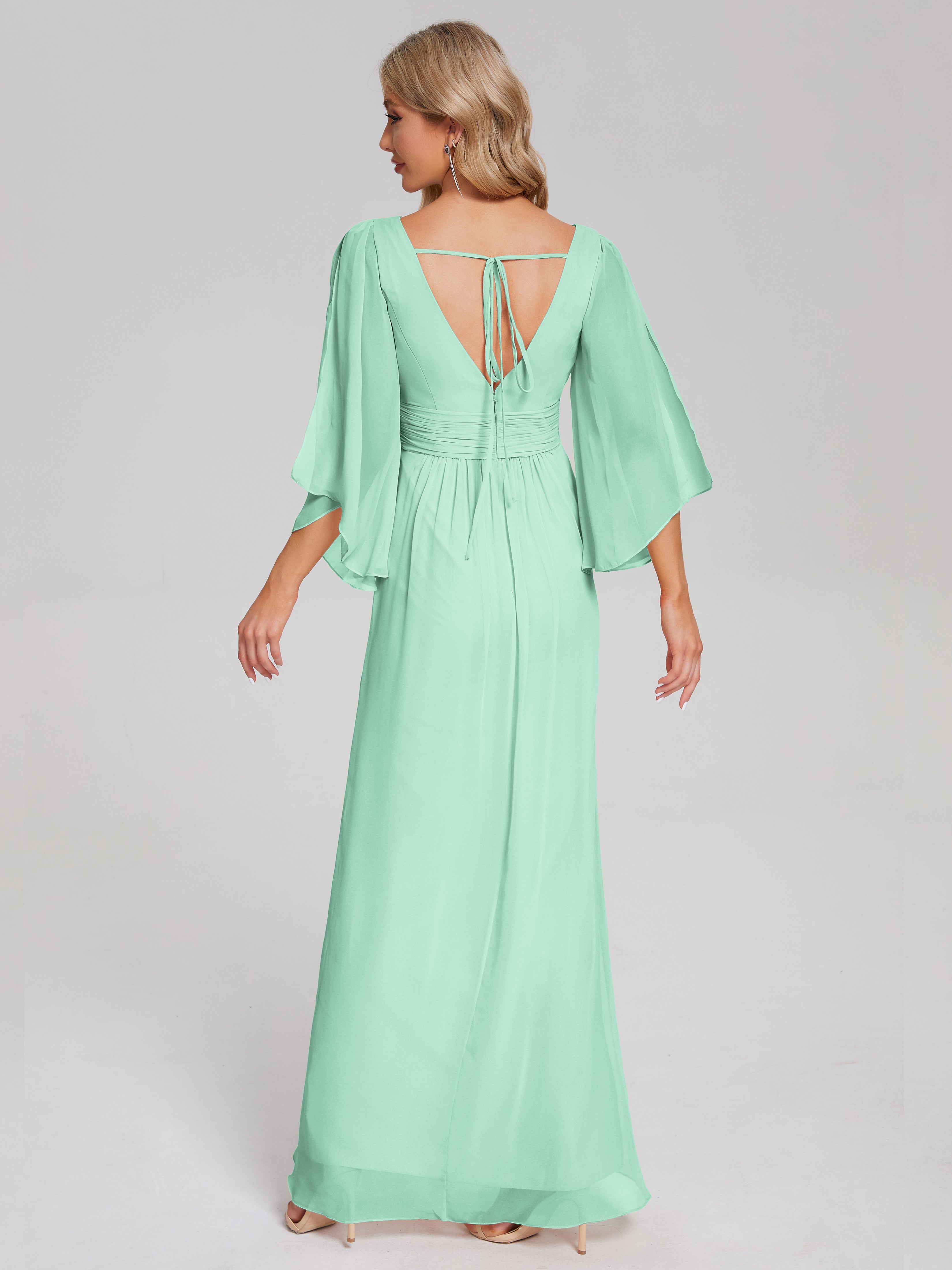 Fatima V-neck Ruffles Long Chiffon Bridesmaid Dress with Slit