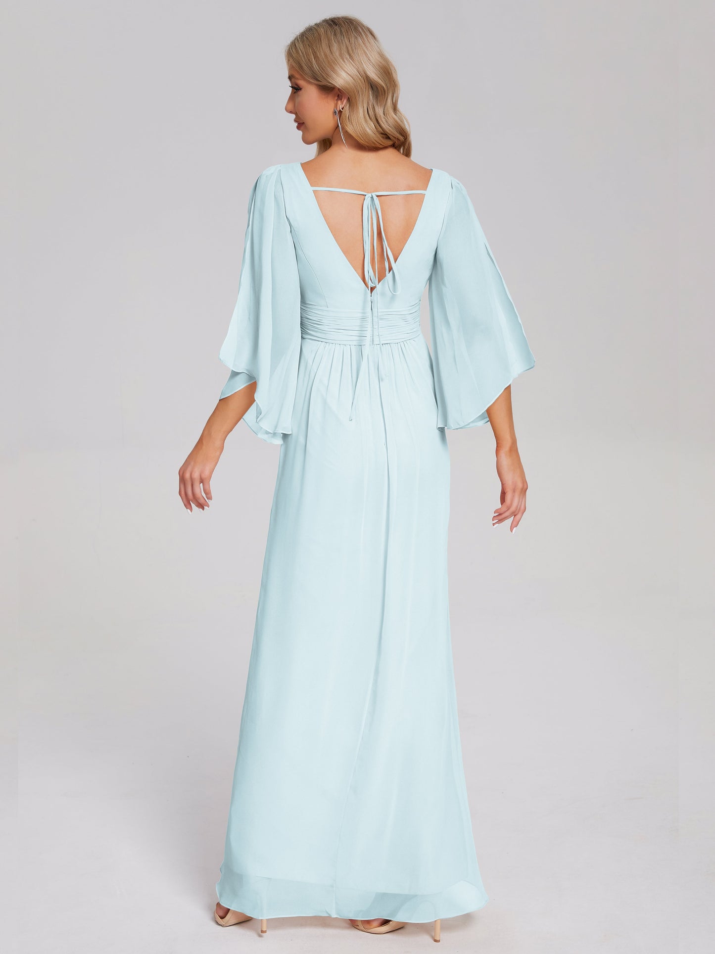 Fatima V-neck Ruffles Long Chiffon Bridesmaid Dress with Slit