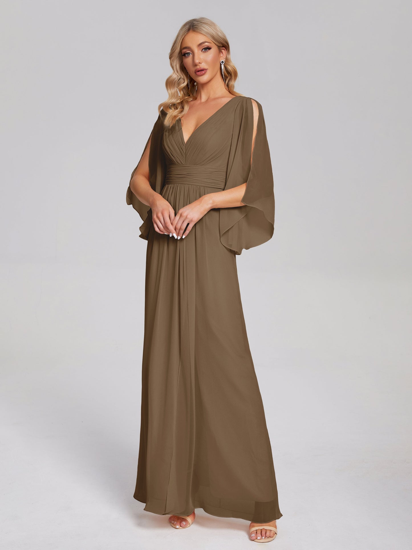Fatima V-neck Ruffles Long Chiffon Bridesmaid Dress with Slit