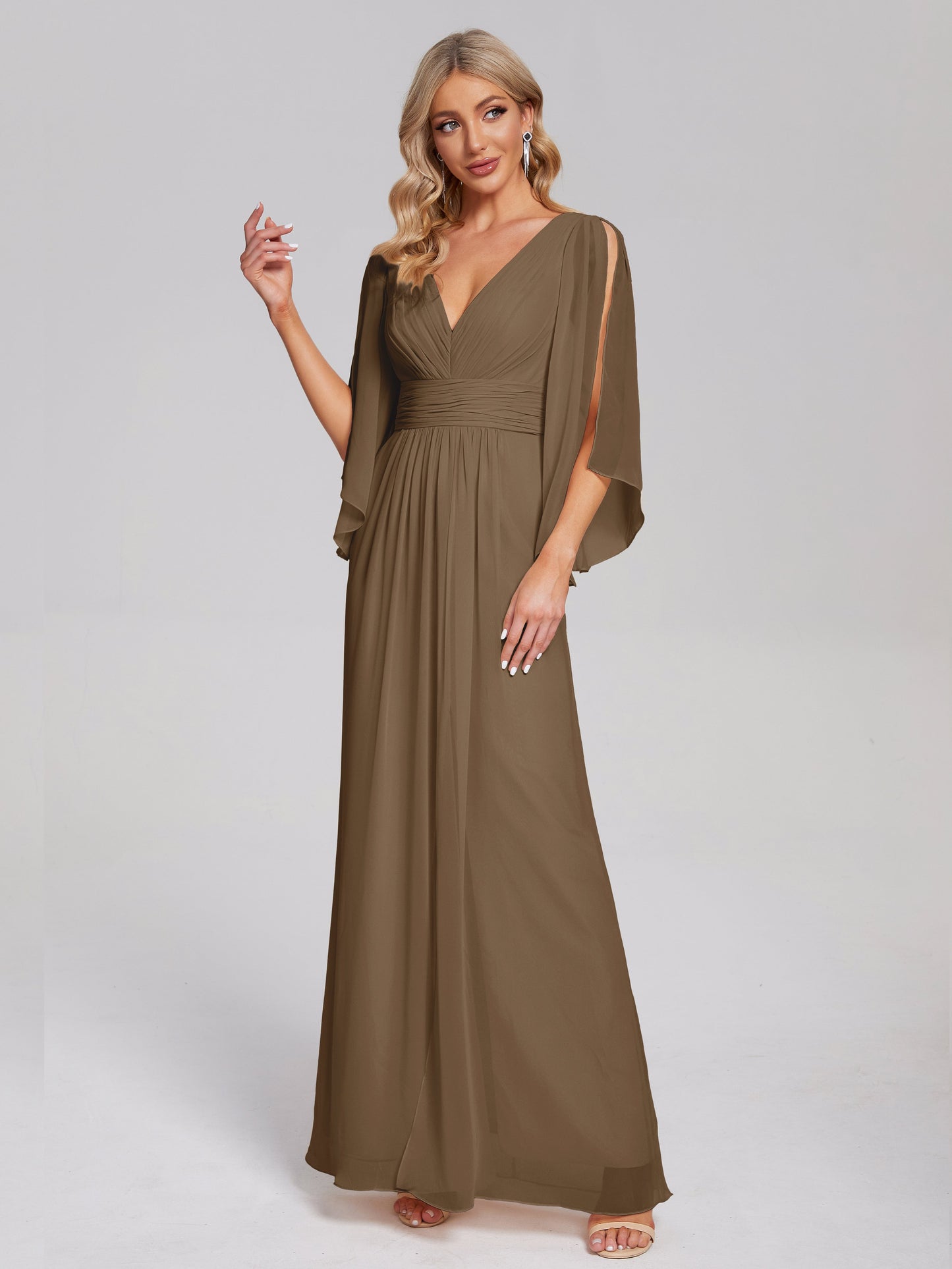Fatima V-neck Ruffles Long Chiffon Bridesmaid Dress with Slit