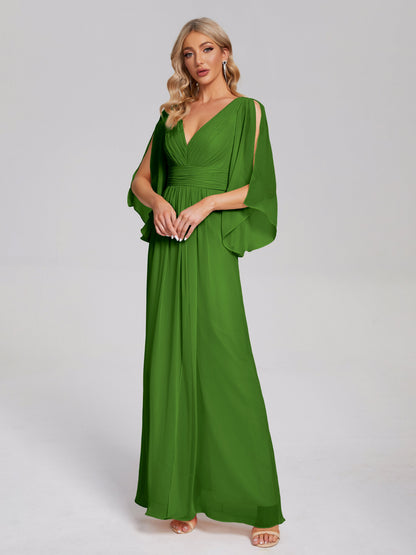 Fatima V-neck Ruffles Long Chiffon Bridesmaid Dress with Slit