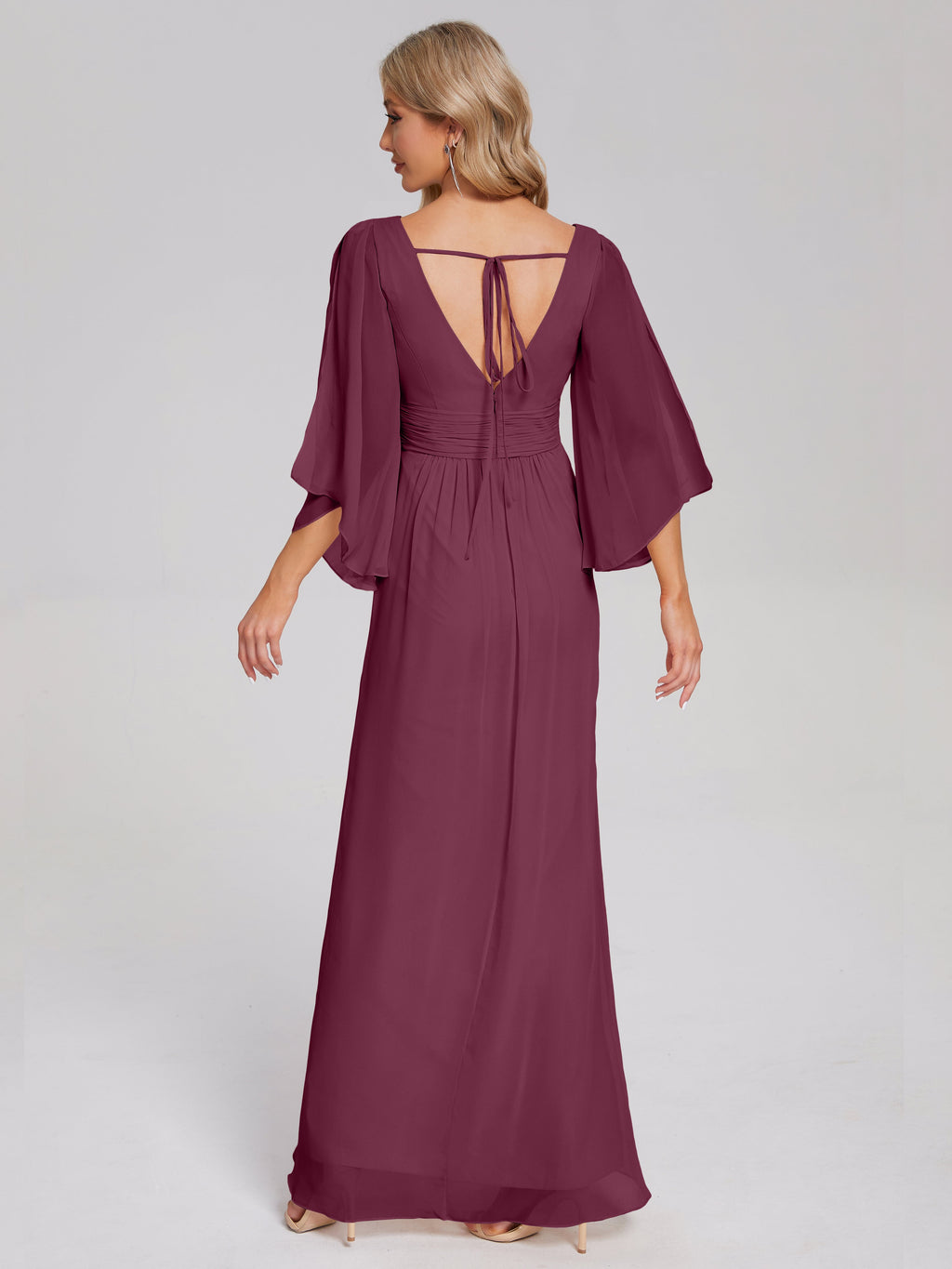 Fatima V-neck Ruffles Long Chiffon Bridesmaid Dress with Slit