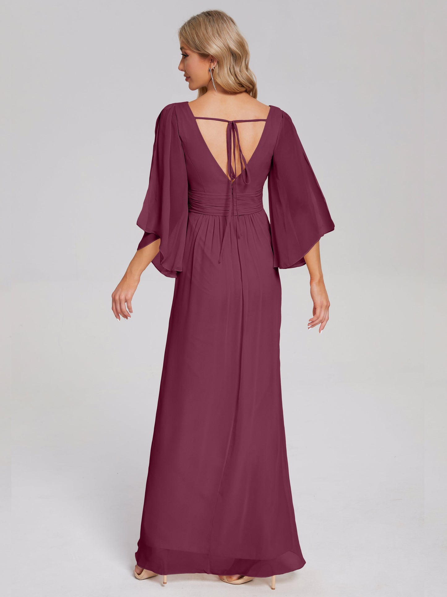 Fatima V-neck Ruffles Long Chiffon Bridesmaid Dress with Slit
