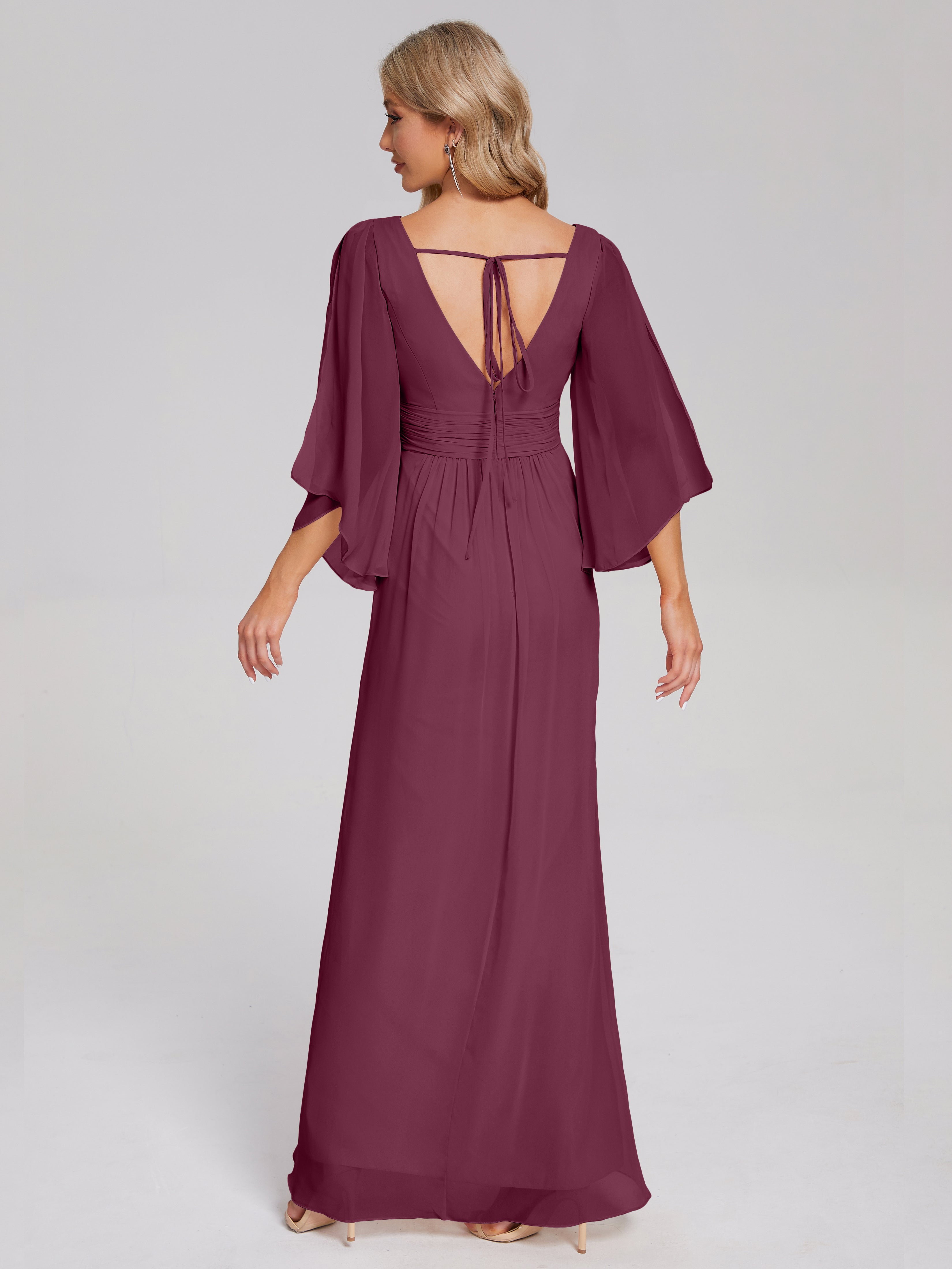 Fatima V-neck Ruffles Long Chiffon Bridesmaid Dress with Slit