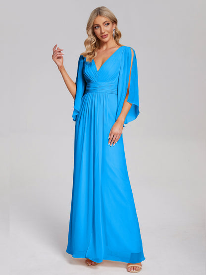 Fatima V-neck Ruffles Long Chiffon Bridesmaid Dress with Slit